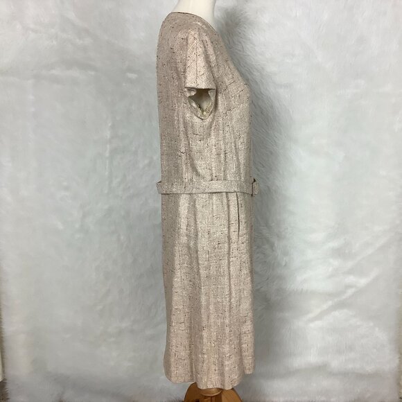 Vintage 60s Beige Tweed Belted Dress, Double Breasted Jacket, Belt & Scarf Set L - Picture 10 of 14